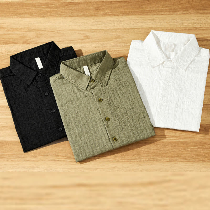 Buddha Stones夏用 無地 通気性 メンズ ボタン 半袖 テンセルシャツ - image 1