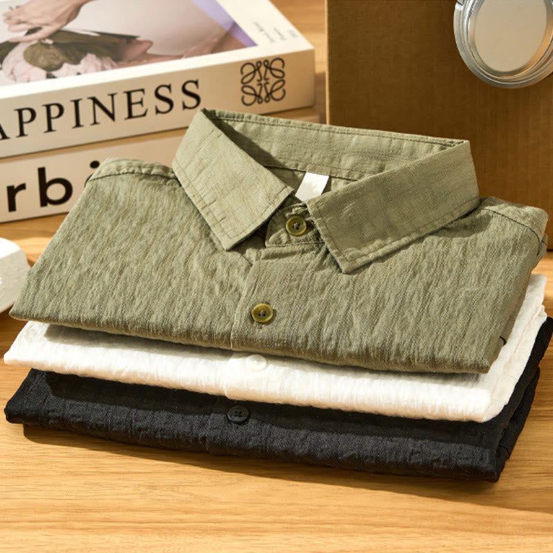 Buddha Stones夏用 無地 通気性 メンズ ボタン 半袖 テンセルシャツ - image 2