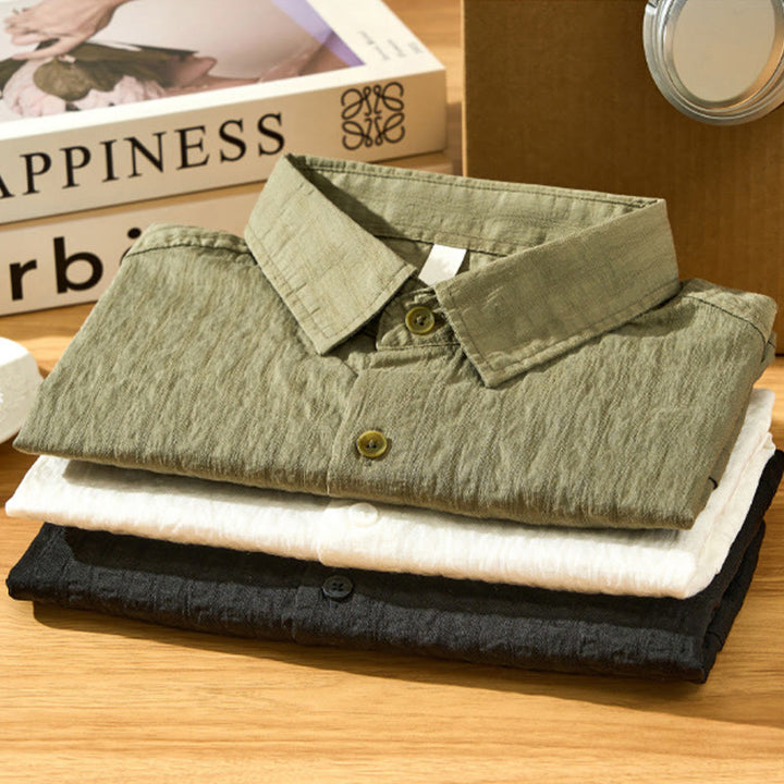 Buddha Stones夏用 無地 通気性 メンズ ボタン 半袖 テンセルシャツ - image 2