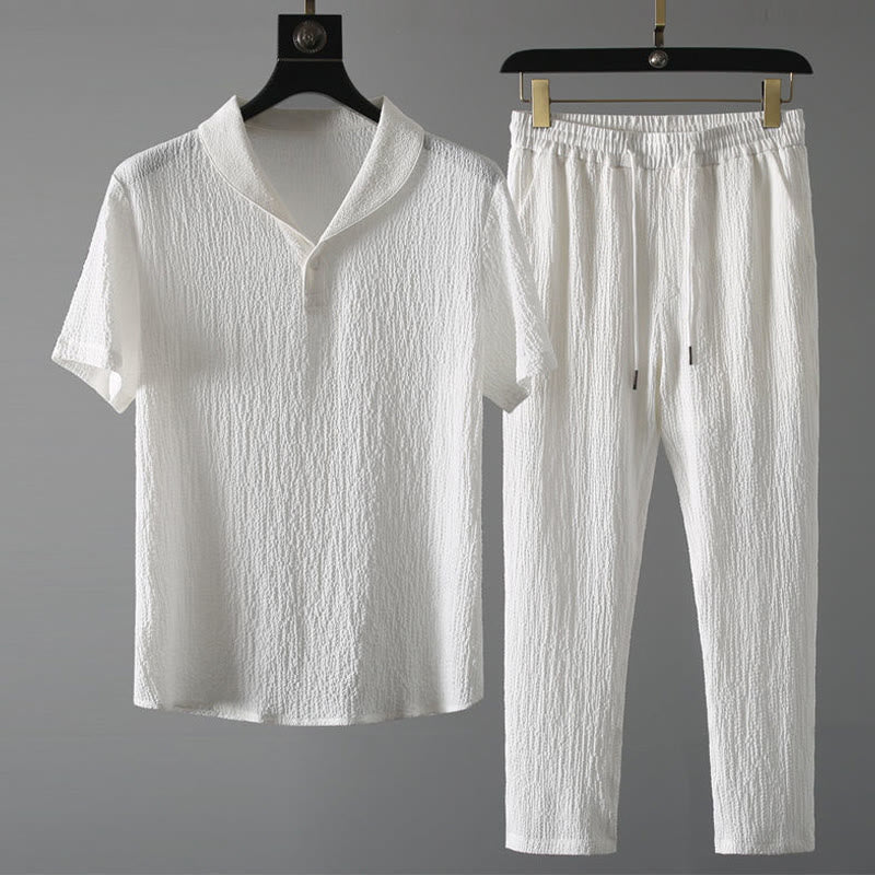 Buddha Stones 2点セット 無地 シワ加工 Vネック 半袖 Tシャツ パンツ 服 メンズ セット - 白 - US/UK/AU46、 EU56 (5XL) - image 7