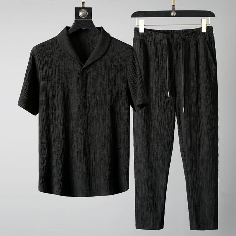 Buddha Stones 2点セット 無地 シワ加工 Vネック 半袖 Tシャツ パンツ 服 メンズ セット - 黒 - US/UK/AU46、 EU56 (5XL) - image 0