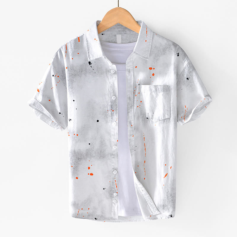Buddha Stones夏 インク スプラッシュカラー メンズ ボタン 半袖 コットンシャツ - 白 - US/UK/AU40、 EU50 (2XL) - image 10