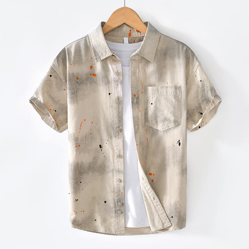 Buddha Stones夏 インク スプラッシュカラー メンズ ボタン 半袖 コットンシャツ - リネン - US/UK/AU40、 EU50 (2XL) - image 0