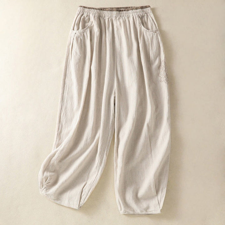 Buddha Stonesヴィンテージ 通勤 無地 シンプルデザイン 7-8丈 ハイウエスト レディース ハーレム コットンリネン パンツ ポケット付き