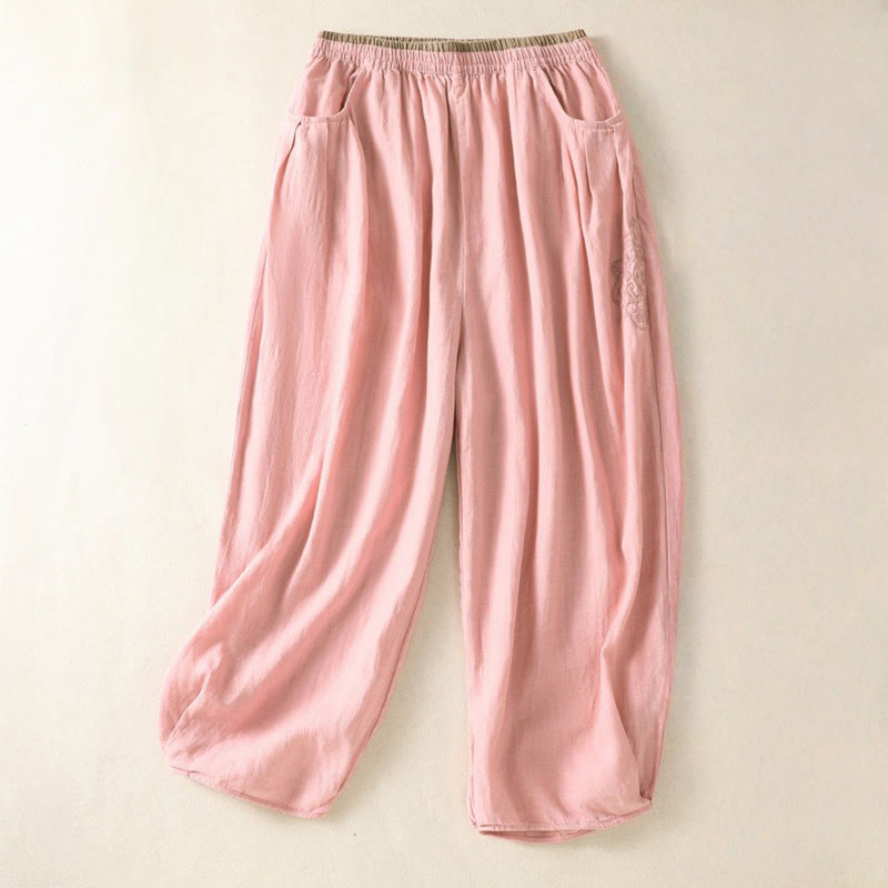 Buddha Stonesヴィンテージ 通勤 無地 シンプルデザイン 7-8丈 ハイウエスト レディース ハーレム コットンリネン パンツ ポケット付き