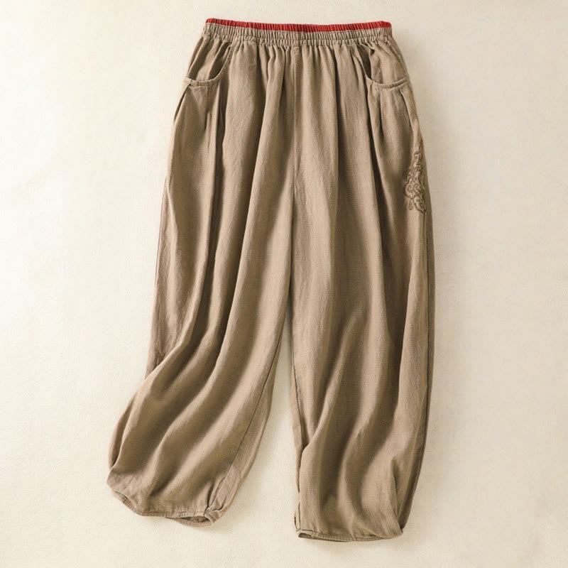 Buddha Stonesヴィンテージ 通勤 無地 シンプルデザイン 7-8丈 ハイウエスト レディース ハーレム コットンリネン パンツ ポケット付き