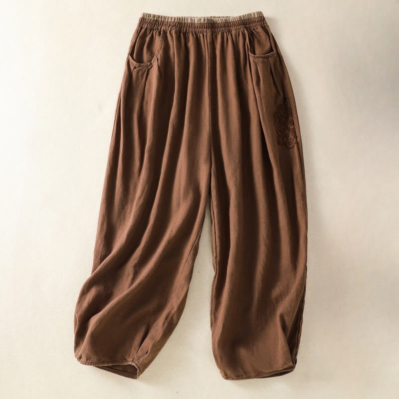 Buddha Stonesヴィンテージ 通勤 無地 シンプルデザイン 7-8丈 ハイウエスト レディース ハーレム コットンリネン パンツ ポケット付き