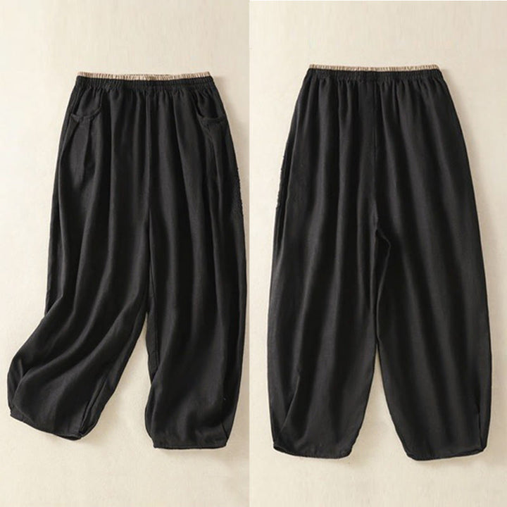 Buddha Stonesヴィンテージ 通勤 無地 シンプルデザイン 7-8丈 ハイウエスト レディース ハーレム コットンリネン パンツ ポケット付き