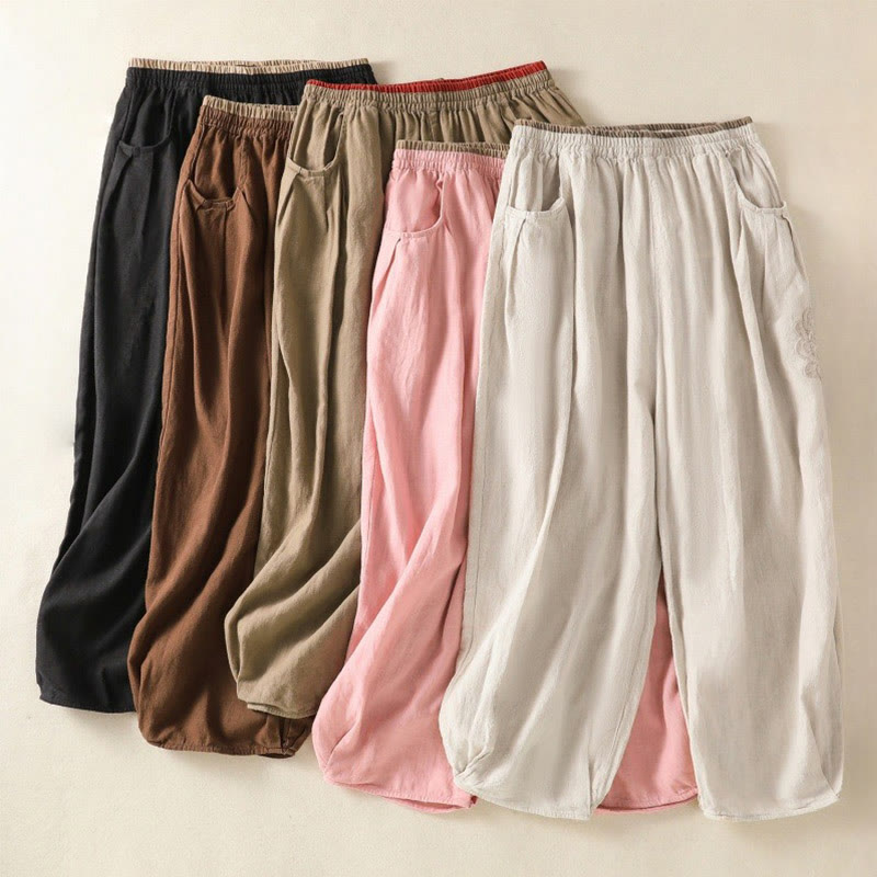 Buddha Stonesヴィンテージ 通勤 無地 シンプルデザイン 7-8丈 ハイウエスト レディース ハーレム コットンリネン パンツ ポケット付き