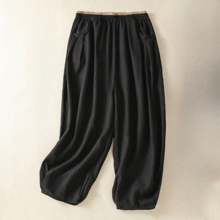 Buddha Stonesヴィンテージ 通勤 無地 シンプルデザイン 7-8丈 ハイウエスト レディース ハーレム コットンリネン パンツ ポケット付き