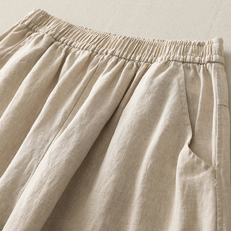 Buddha Stonesサマーデイリー 無地 伸縮性ウエストバンドデザイン レディース ワイドレッグ コットンリネン パンツ ポケット付き - image 1