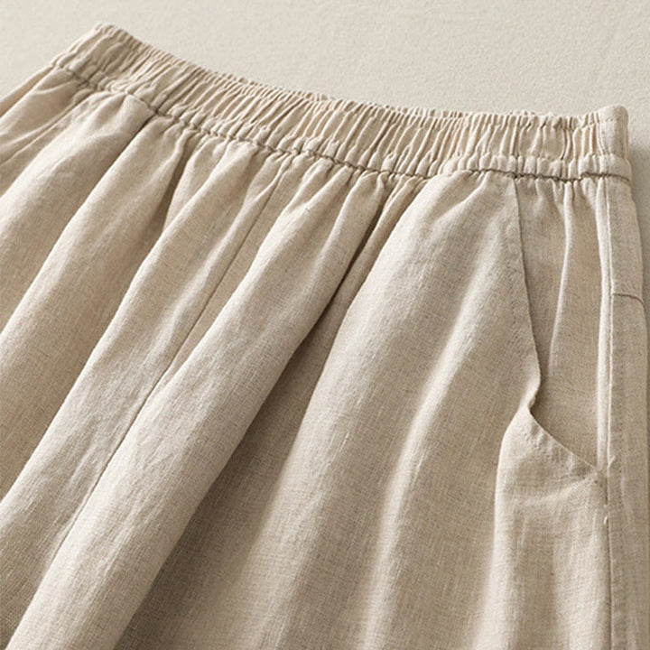 Buddha Stonesサマーデイリー 無地 伸縮性ウエストバンドデザイン レディース ワイドレッグ コットンリネン パンツ ポケット付き - image 1