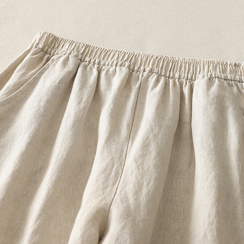 Buddha Stonesサマーデイリー 無地 伸縮性ウエストバンドデザイン レディース ワイドレッグ コットンリネン パンツ ポケット付き - image 2