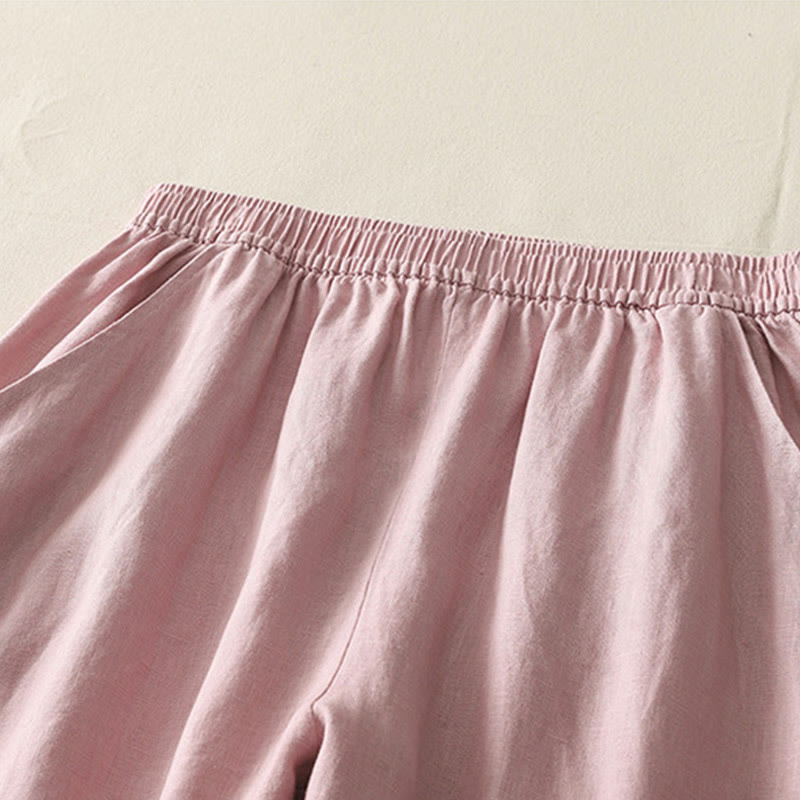 Buddha Stonesサマーデイリー 無地 伸縮性ウエストバンドデザイン レディース ワイドレッグ コットンリネン パンツ ポケット付き - image 10