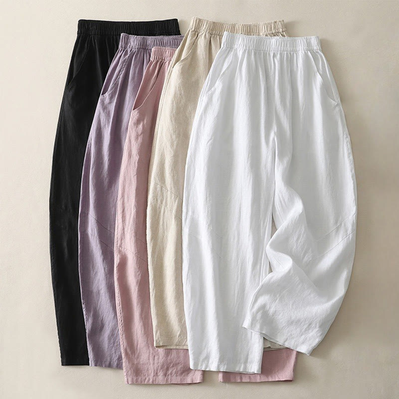 Buddha Stonesサマーデイリー 無地 伸縮性ウエストバンドデザイン レディース ワイドレッグ コットンリネン パンツ ポケット付き - image 26