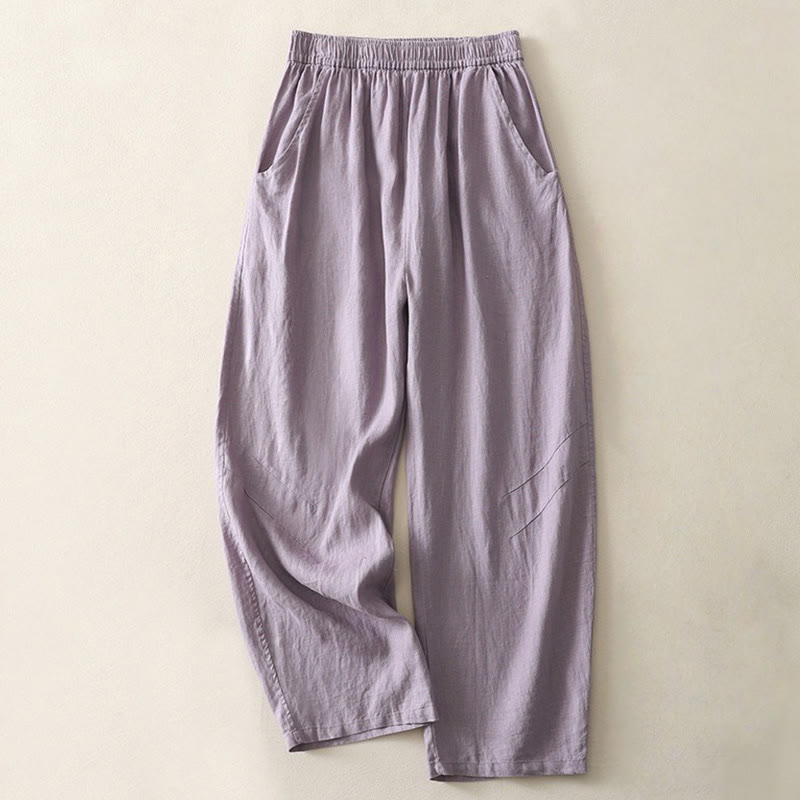 Buddha Stonesサマーデイリー 無地 伸縮性ウエストバンドデザイン レディース ワイドレッグ コットンリネン パンツ ポケット付き - ミディアムパープル - US8-10，UK/AU12-14，EU40-42 (2XL) - image 4