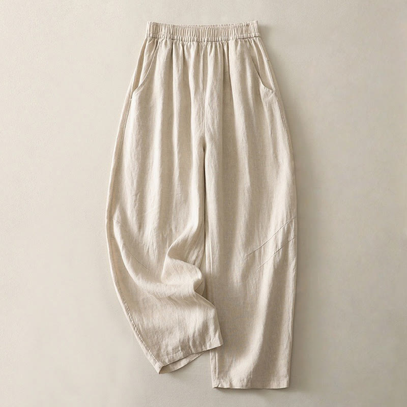 Buddha Stonesサマーデイリー 無地 伸縮性ウエストバンドデザイン レディース ワイドレッグ コットンリネン パンツ ポケット付き - ベージュ - US8-10，UK/AU12-14，EU40-42 (2XL) - image 0