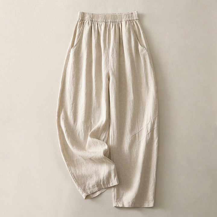Buddha Stonesサマーデイリー 無地 伸縮性ウエストバンドデザイン レディース ワイドレッグ コットンリネン パンツ ポケット付き - ベージュ - US8-10，UK/AU12-14，EU40-42 (2XL) - image 0