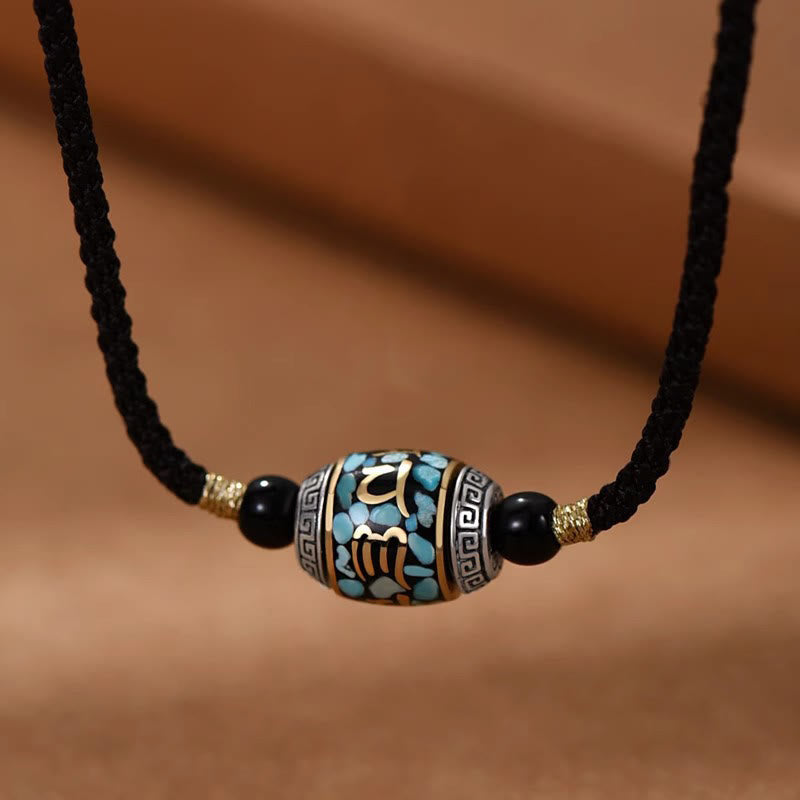 チベットのBuddha Stonesオーム・マニ・パドメ・フムムジ ビーズ模様 保護 回転式ネックレスペンダント - ロープチェーンとDziビーズ - image 1