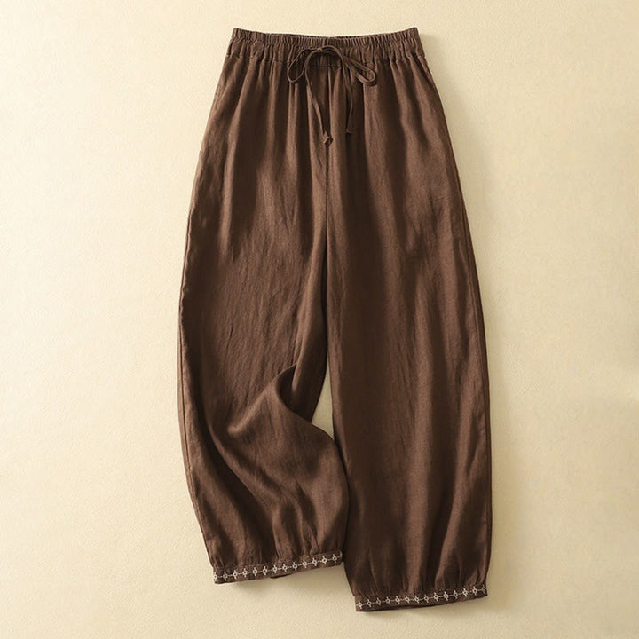 Buddha Stonesカジュアル レトロ ドローストリング 刺繍デザイン レディース コットンリネン 7-8丈パンツ ポケット付き