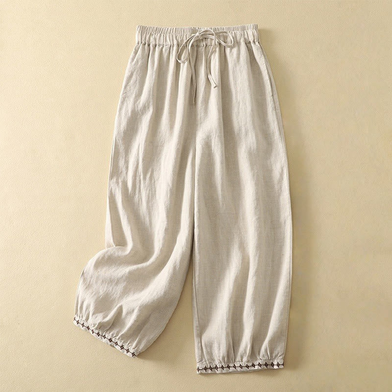 Buddha Stonesカジュアル レトロ ドローストリング刺繍デザイン レディース 7-8丈 パンツ ポケット付き - リネン - US8-10，UK/AU12-14，EU40-42 (2XL) - image 0