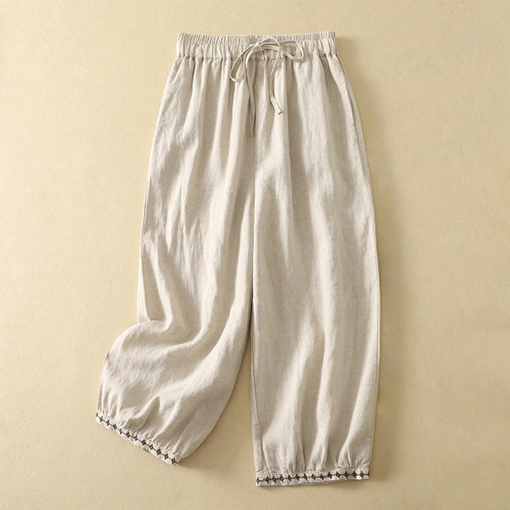 Buddha Stonesカジュアル レトロ ドローストリング刺繍デザイン レディース 7-8丈 パンツ ポケット付き - リネン - US8-10，UK/AU12-14，EU40-42 (2XL) - image 0