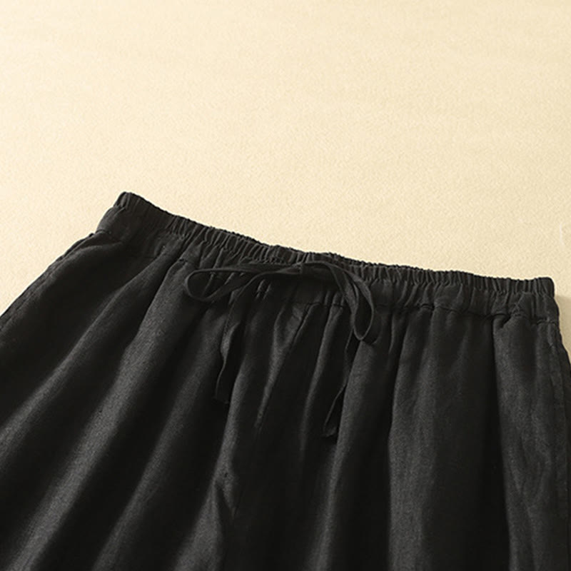 Buddha Stonesカジュアル レトロ ドローストリング 刺繍デザイン レディース コットンリネン 7-8丈パンツ ポケット付き