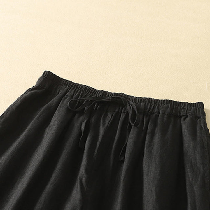 Buddha Stonesカジュアル レトロ ドローストリング 刺繍デザイン レディース コットンリネン 7-8丈パンツ ポケット付き