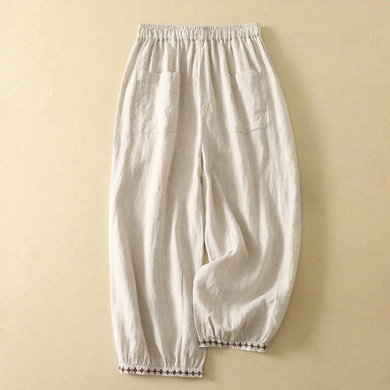 Buddha Stonesカジュアル レトロ ドローストリング 刺繍デザイン レディース コットンリネン 7-8丈パンツ ポケット付き