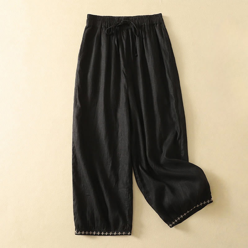 Buddha Stonesカジュアル レトロ ドローストリング 刺繍デザイン レディース コットンリネン 7-8丈パンツ ポケット付き