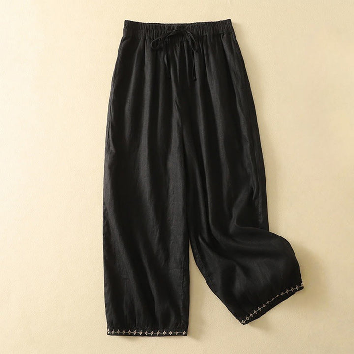Buddha Stonesカジュアル レトロ ドローストリング 刺繍デザイン レディース コットンリネン 7-8丈パンツ ポケット付き