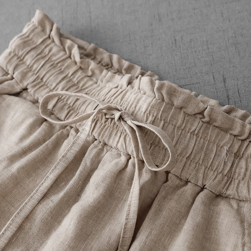 Buddha Stonesカジュアル ハイウエスト フリル ドローストリングデザイン レディース ワイドレッグ コットンパンツ ポケット付き - image 3