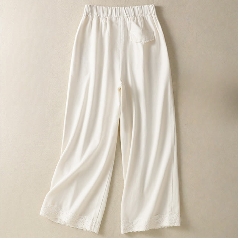 Buddha Stonesカジュアル レース パッチワークデザイン ハイウエスト レディース ワイドレッグ アンクル丈パンツ ポケット ジッパー付き - image 1