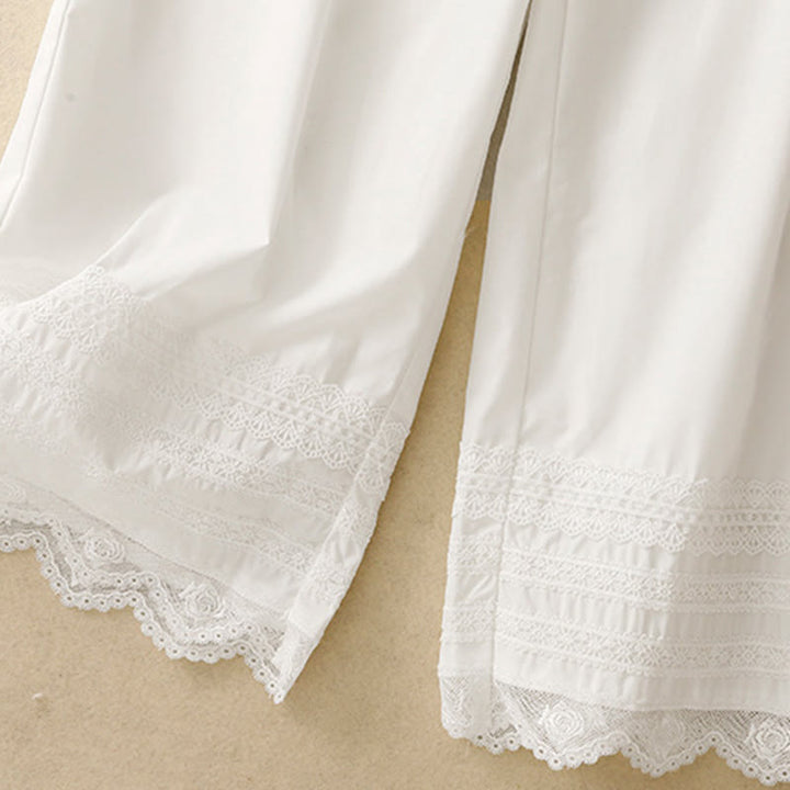 Buddha Stones通勤用 無地 レース パッチワーク ドローストリングデザイン レディース ワイドレッグ コットン アンクル丈 パンツ ポケット付き - image 11