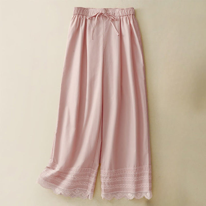 Buddha Stones通勤用 無地 レース パッチワーク ドローストリングデザイン レディース ワイドレッグ コットン アンクル丈 パンツ ポケット付き - ライトピンク - US12、 UK/AU16、 EU44 (2XL) - image 0
