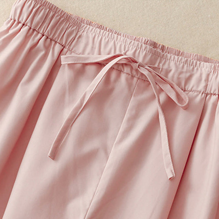 Buddha Stones通勤用 無地 レース パッチワーク ドローストリングデザイン レディース ワイドレッグ コットン アンクル丈 パンツ ポケット付き - image 2