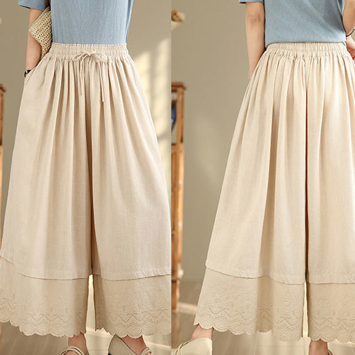 Buddha Stones春 刺繍 レース裾 パッチワーク ドローストリングデザイン レディース ワイドレッグ コットンパンツ ポケット付き - image 8