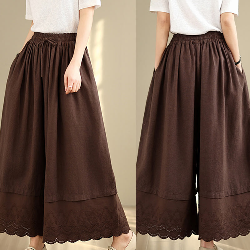 Buddha Stones春 刺繍 レース裾 パッチワーク ドローストリングデザイン レディース ワイドレッグ コットンパンツ ポケット付き - image 17