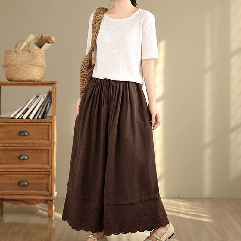 Buddha Stones春 刺繍 レース裾 パッチワーク ドローストリングデザイン レディース ワイドレッグ コットンパンツ ポケット付き - image 16