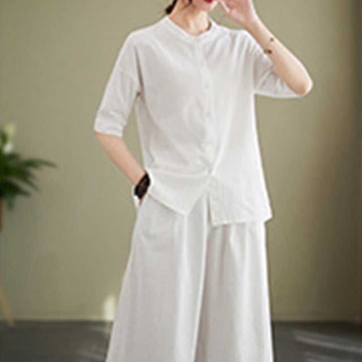 Buddha Stones 2点セット カジュアル 無地 ボタンデザイン 半袖シャツ ワイドレッグパンツ ポケット付き コットン 禅服 レディース セット - image 5
