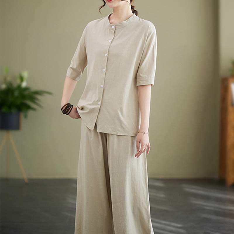 Buddha Stones 2点セット カジュアル 無地 ボタンデザイン 半袖シャツ ワイドレッグパンツ ポケット付き コットン 禅服 レディース セット - image 20