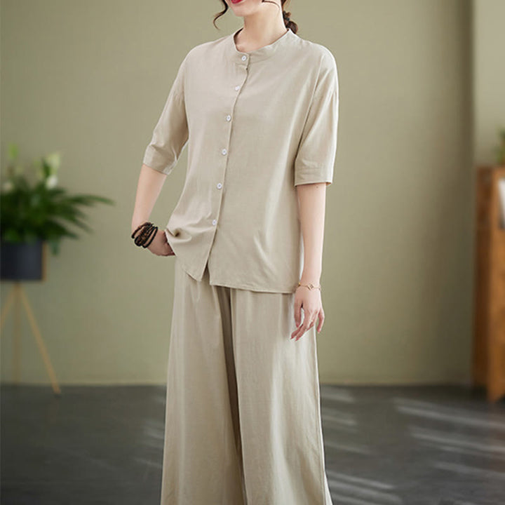 Buddha Stones 2点セット カジュアル 無地 ボタンデザイン 半袖シャツ ワイドレッグパンツ ポケット付き コットン 禅服 レディース セット - image 20