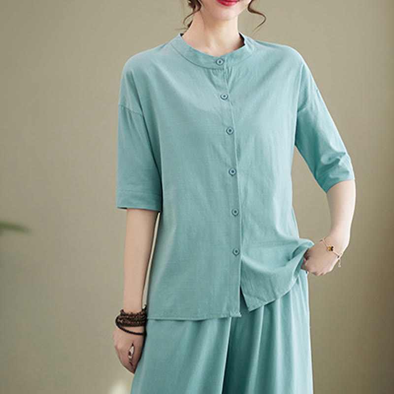Buddha Stones 2点セット カジュアル 無地 ボタンデザイン 半袖シャツ ワイドレッグパンツ ポケット付き コットン 禅服 レディース セット - image 12