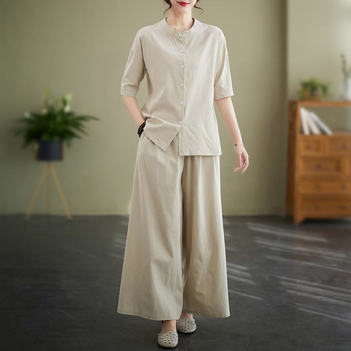 Buddha Stones 2点セット カジュアル 無地 ボタンデザイン 半袖シャツ ワイドレッグパンツ ポケット付き コットン 禅服 レディース セット - ベージュ - US8-10，UK/AU12-14，EU40-42 (2XL) - image 16