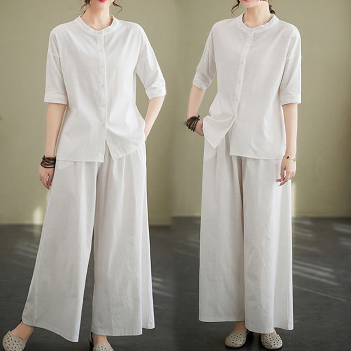 Buddha Stones 2点セット カジュアル 無地 ボタンデザイン 半袖シャツ ワイドレッグパンツ ポケット付き コットン 禅服 レディース セット - image 7