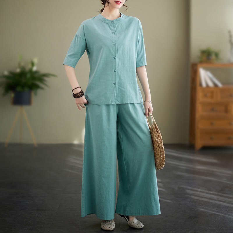 Buddha Stones 2点セット カジュアル 無地 ボタンデザイン 半袖シャツ ワイドレッグパンツ ポケット付き コットン 禅服 レディース セット - ミディアムターコイズ - US8-10，UK/AU12-14，EU40-42 (2XL) - image 8
