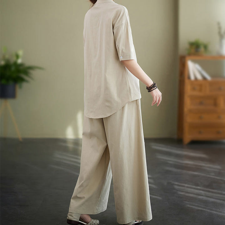 Buddha Stones 2点セット カジュアル 無地 ボタンデザイン 半袖シャツ ワイドレッグパンツ ポケット付き コットン 禅服 レディース セット - image 18