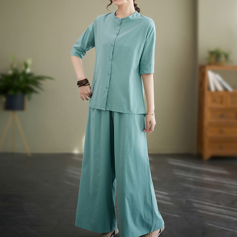 Buddha Stones 2点セット カジュアル 無地 ボタンデザイン 半袖シャツ ワイドレッグパンツ ポケット付き コットン 禅服 レディース セット - image 10