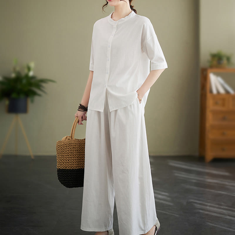 Buddha Stones 2点セット カジュアル 無地 ボタンデザイン 半袖シャツ ワイドレッグパンツ ポケット付き コットン 禅服 レディース セット - image 1
