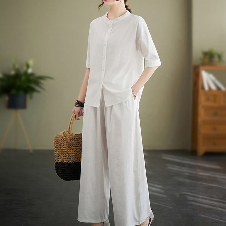 Buddha Stones 2点セット カジュアル 無地 ボタンデザイン 半袖シャツ ワイドレッグパンツ ポケット付き コットン 禅服 レディース セット - image 1